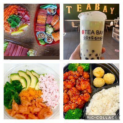 Poke bowls, honeydew fresh milk tea and sweet and sour chicken bento box.