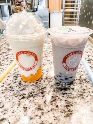 Pina colada smoothie with peach popping pearls and taro boba tea