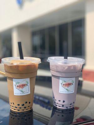 Coffee milk tea w/ boba & Taro milk tea w/ boba