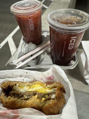 Sausage Egg & Cheese, Pink Velvet Latte, Iced Tea