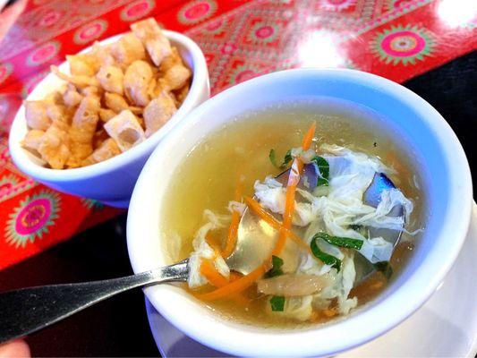 Complimentary egg drop soup with crispy fried wonton