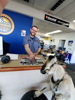 GOT TO LOVE A SHOP THAT FIXES YOUR CAR AND LETS YOUR GOAT STAY IN THE WAITING AREA!