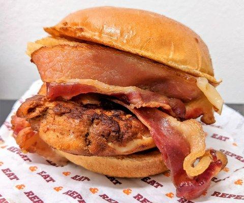 Big Chicken Catering 2-7-22: Big Aristotle - Organic Muenster Cheese, Crispy Fried Onions, Bacon, Sweet & Smoky Memphis BBQ Sauce