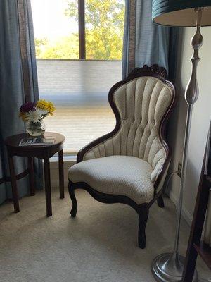 A peaceful, comfortable, meditative reading corner & functional art gallery