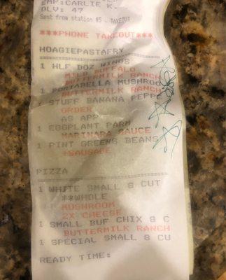 They took the order correctly so I guess the problem lies in the kitchen. Receipt says white pizza- and ranch w the mushrooms.