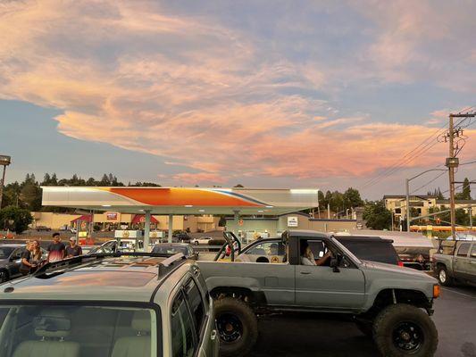 View looking out to parking lot at sunset Burger & Cream Auburn CA