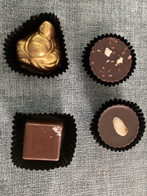 Peanut Butter Buddha, Macadamia Coconut, Salted Caramel S'more, Almond Gianduja