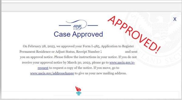 2/28/2023: Another green card approval without an interview! Happy for the client; the interview is often the stressful part of the process.