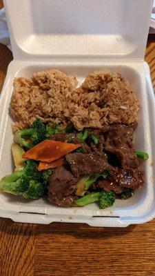 Broccoli beef and fried rice