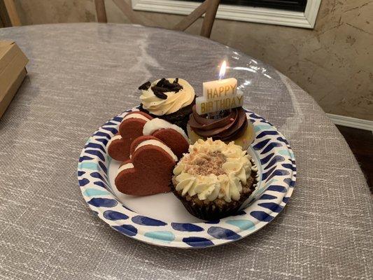 Three cupcakes on the right (heart ice cream sandwiches from grocery store)- Cookies and Cream, Birthday Cake, and Apple Crumble.