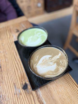 hojicha latte (front) matcha latte (back)