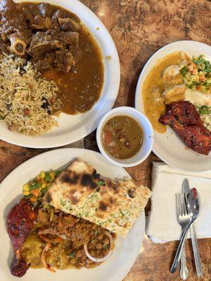 Goat curry, naan bread, tandoori chicken