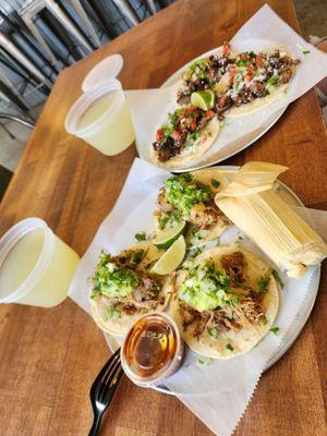 Carnitas, Barbacoa, tamale, and spicy lemonade