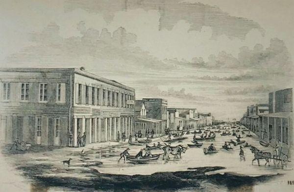 Lithograph of Old Sacramento Heywood Building (1853)