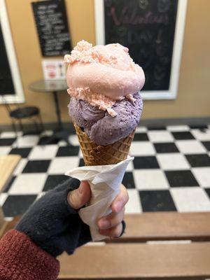 Honey rose and blueberry ice cream with waffle cone