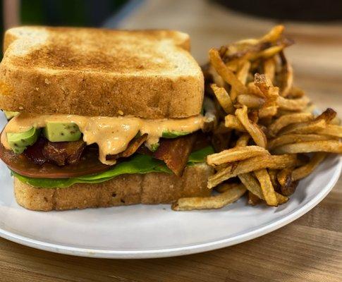 BLTA-Applewood smoked Bacon, Lettuce, Tomato, Avocado and Chipotle Mayo on Texas Toast served with a side of fires