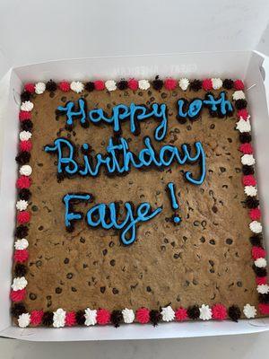 Square cookie cake with sloppy handwritten inscription