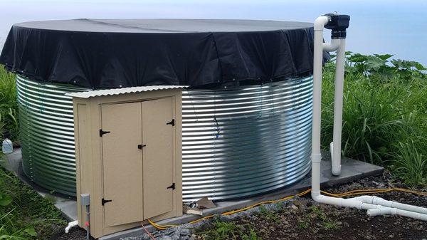 15.5 x 7.3 ft galvanzied tank with soft covers and pre-tank filter & pump system shed