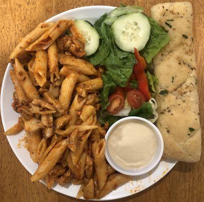 Penne in Rose Sauce Pasta with Side Honey Mustard with their house salad and garlic Breadsticks