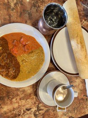 Chicken curry, chicken korma, tofu curry, dosa without potato.