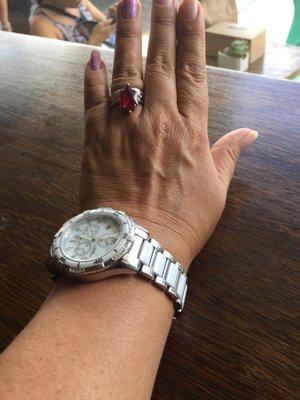 Repaired Citizen watch and purchased Hawaiian ring (above the ruby).