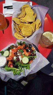 Greek Salad sub tortillas chips with beyond crumbles.