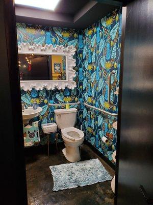 Cute cat themed bathroom. Love the wallpaper.