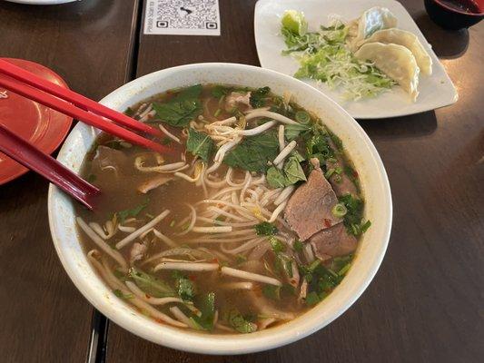 Rare steak pho with flu shot broth