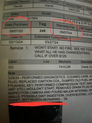 Warranty information and them saying not worth fixing