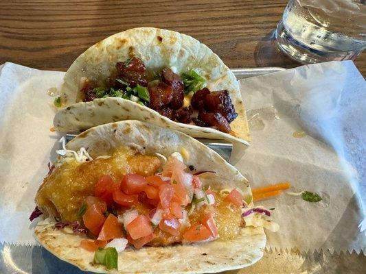 Pork belly taco and mahi-mahi taco. Yes, please!