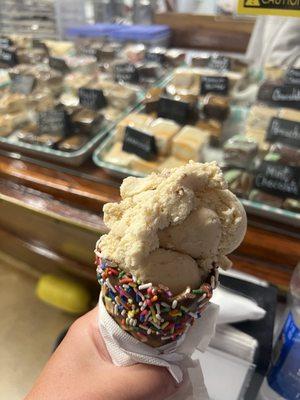 Peanut butter ripple ice cream in a premium waffle cone. And lots of Fudge in the background.