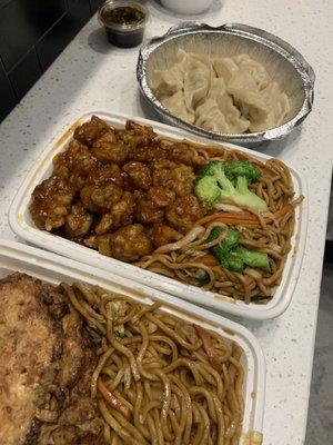 General Tso with noodles, and egg foo young with sauce on the side