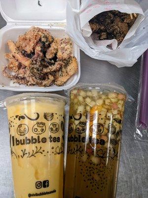 Popcorn chicken, Fried Squid, Peach slush and vivi signature fruit tea