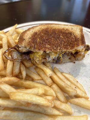 Wednesday special @George's Bar & Grill a delicious Patty Melt w/ fries and soda. Already half eaten as shown. Thank you Nick & Stacy!