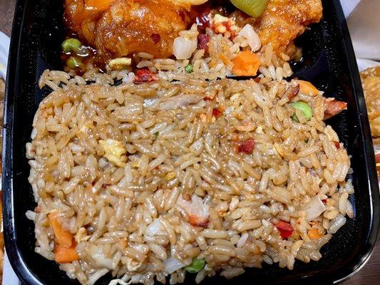 fried rice with general tso's chicken dinner combination, nice assortment of vegetables and lots of pork