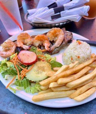 Tenderloin + Shrimp with rice, salad & fries!