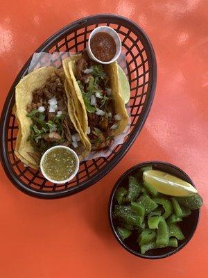 Carne asada and rings tacos with fried jalapeños