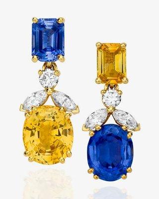 Custom made jewelry in New York | Sapphire drops, blue and yellow, diamonds in handmade 18ky gold.