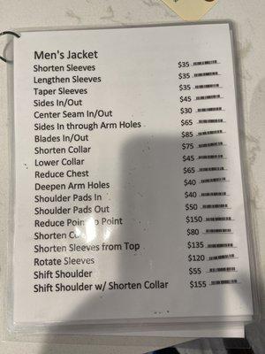 Men's alteration pricing