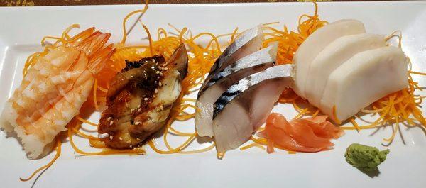 Sashimi: shrimp, eel, mackerel, escolar (white tuna)