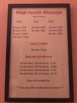 Prices you will pay tax (I got 60 minutes and I paid $72 plus a tip) ... ask for the holiday special to save a few dollars.