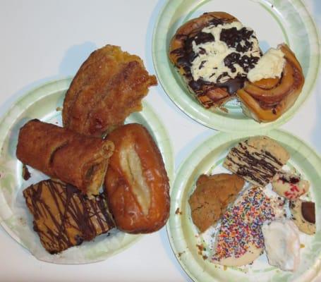 Cinnamon rolls, cookies, buttermilk doughnut, brownie, and apple jack.