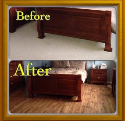 Gorgeous high quality vinyl wood plank by Bob in master bedroom, before and after.