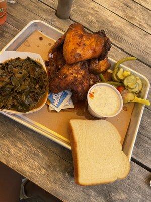 Collards, Nashville Wings, pickled veggies