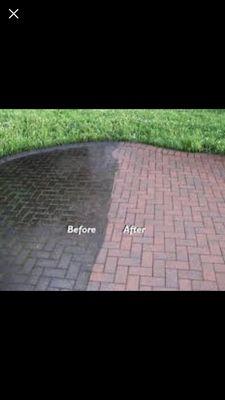 Before and after photo of some very dirty pavers