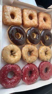 Cronuts, chocolate glazed, blueberry, red velvet