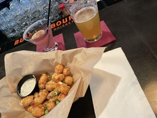 Cheese curds huckleberry lemon drop and a beer