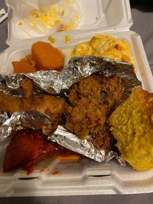 2 meat and 3 Sides. Fried Chicken, Pork Rib, Macaroni, sweet potatoes, and greens (not pictured).