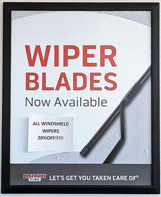 This is a sign noting they now offer wiper blades, which are currently 20% off.  Photo taken January 27, 2023.