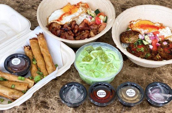 DELIVERY-Lumpia Shanghai ($6), Tocilog: Sweet Cured Pork ($12), Embosilog: Beef Meatloaf ($12.25), Buko Pandan ($5)